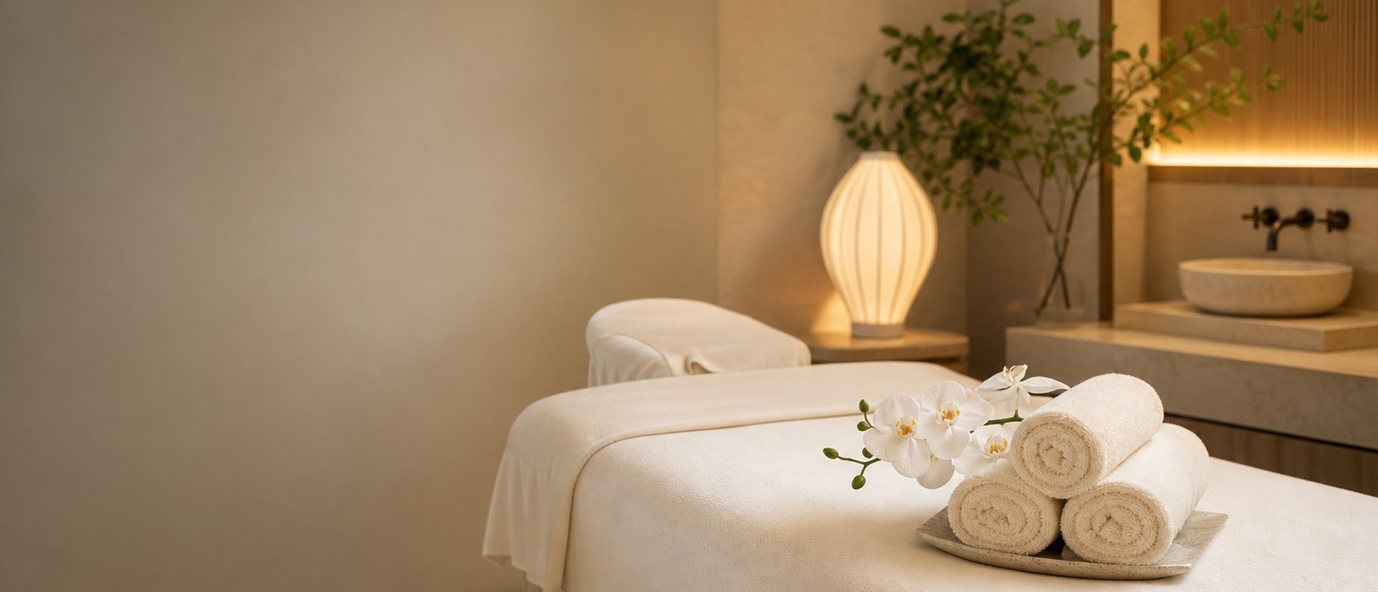 A tranquil spa treatment room with a prepared massage table, towels and orchids