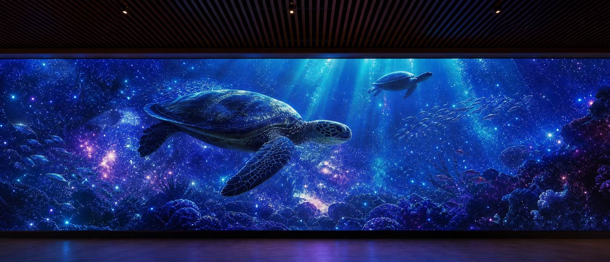 An immersive underwater light display with turtles and fish