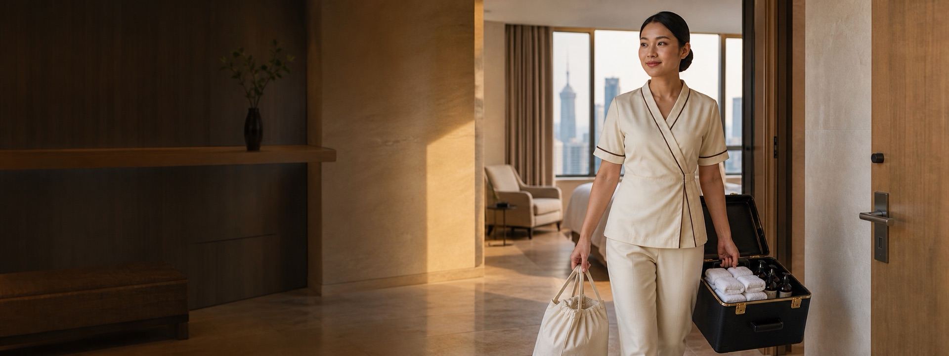A spa therapist walking into a luxurious hotel suite carrying massage supplies