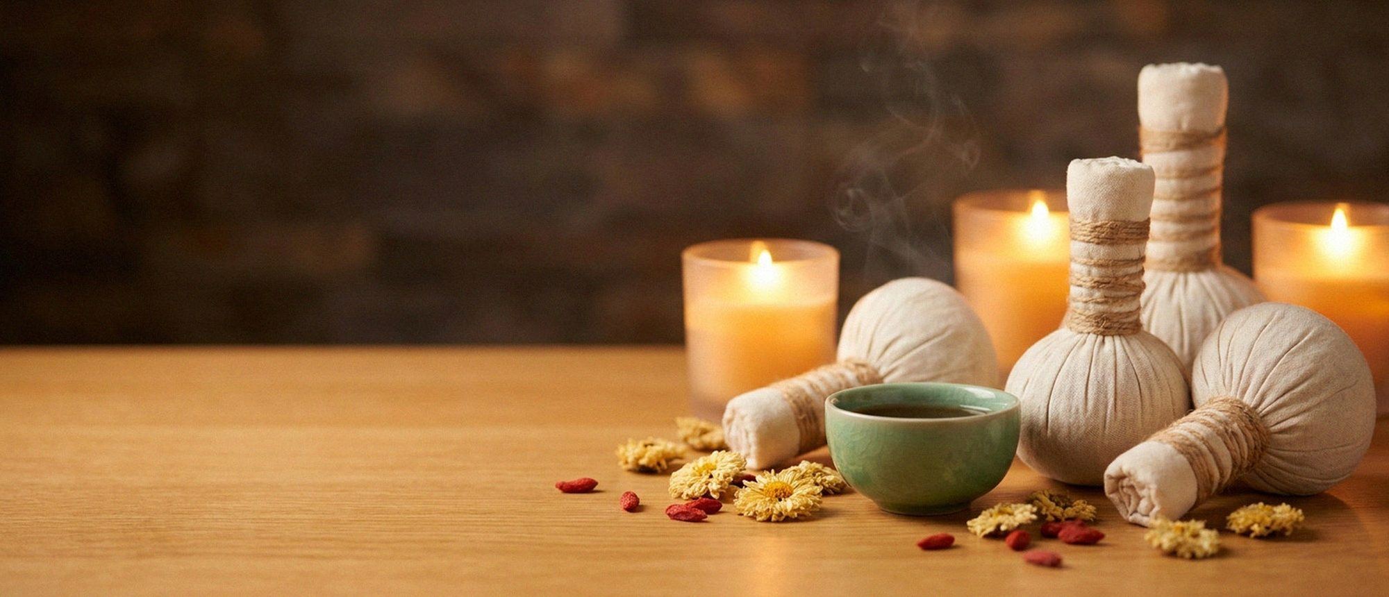 Traditional cotton herbal compress balls, herbal tea and dried flowers